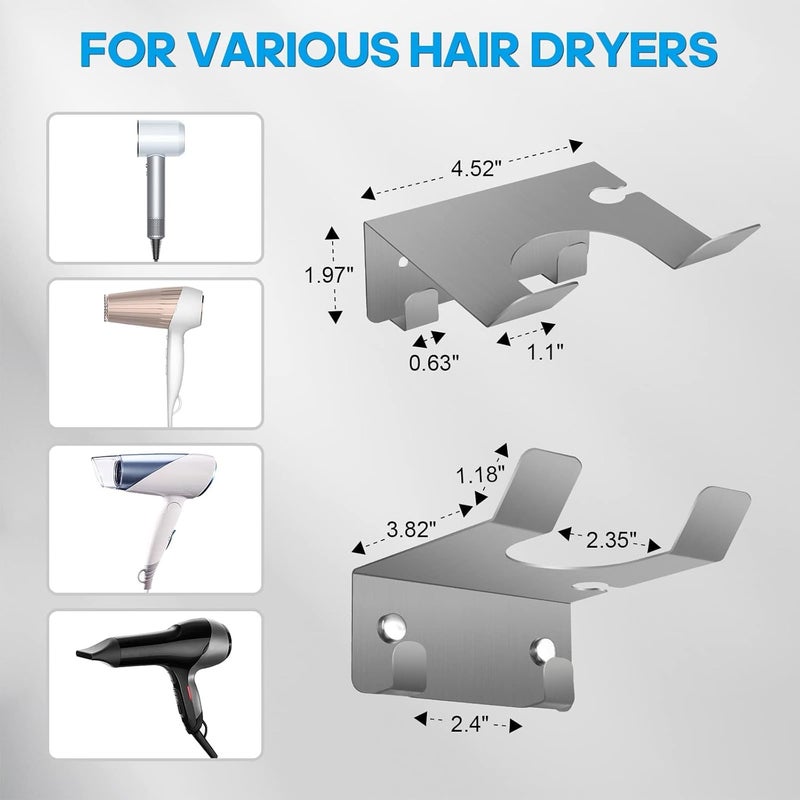 JWCE Hair Dryer Holder Blow Dryer Holder Wall Mounted Fit for Most Hair Dryers Self-Adhesive or Punch Installation for Bathroom (Silver) - Image 1